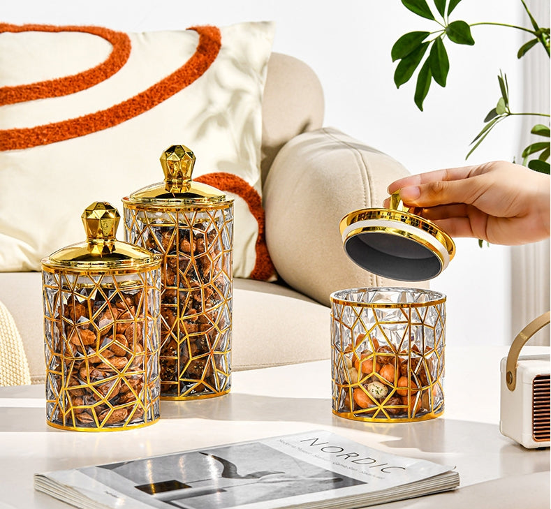 SET OF 3 TRANSPARENT SEALED JAR WITH GOLDEN LID