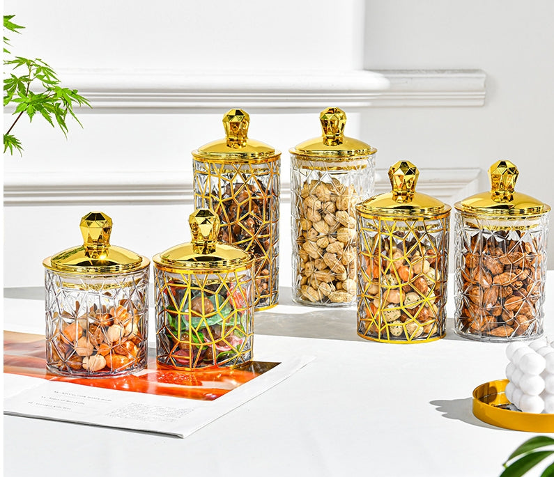 SET OF 3 TRANSPARENT SEALED JAR WITH GOLDEN LID