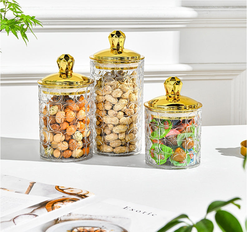 SET OF 3 TRANSPARENT SEALED JAR WITH GOLDEN LID