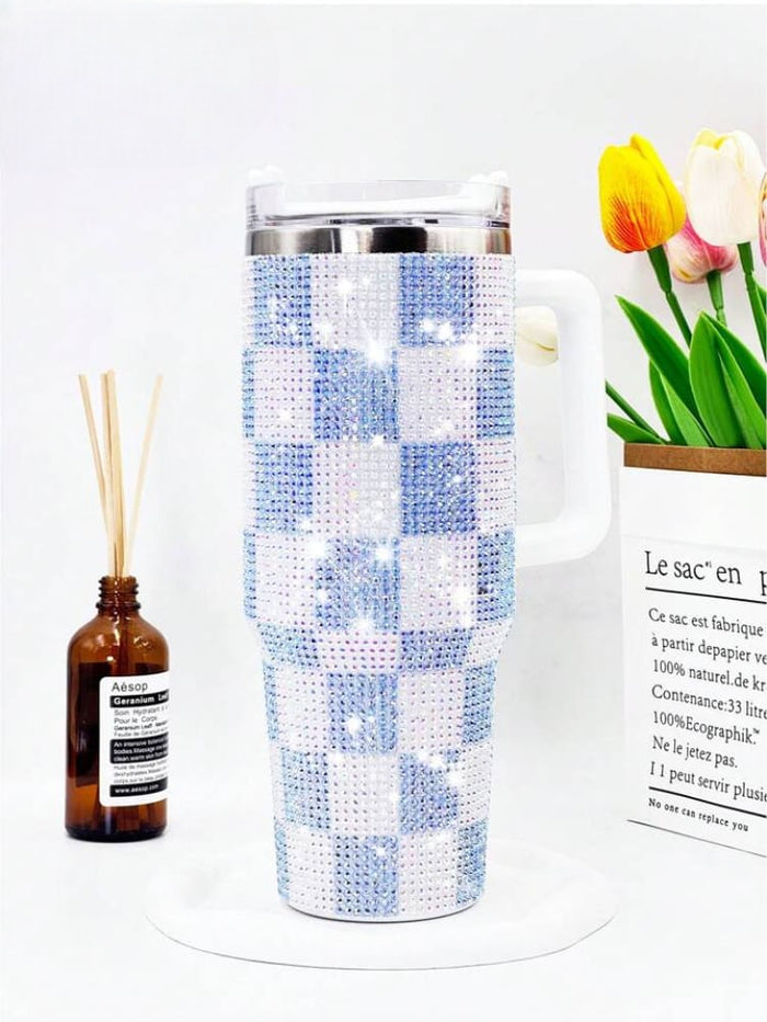 GLITTER RHINESTONE TUMBLER CUP WITH STRAW AND HANDLE – 1200ML CAPACITY