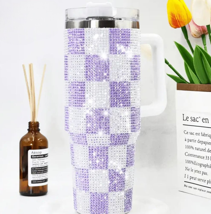 GLITTER RHINESTONE TUMBLER CUP WITH STRAW AND HANDLE – 1200ML CAPACITY