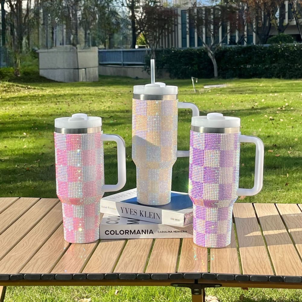 GLITTER RHINESTONE TUMBLER CUP WITH STRAW AND HANDLE – 1200ML CAPACITY