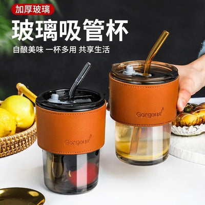 GORGOUS DOUBLE DRINKING GLASS CUP WITH GLASS STRAW 450ML