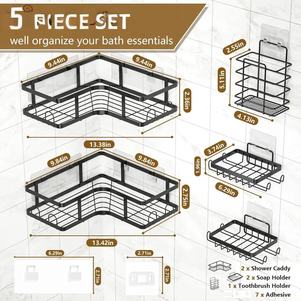 WALL MOUNTED 5PCS BLACK BATHROOM SHELF SET – RUSTPROOF & DURABLE
