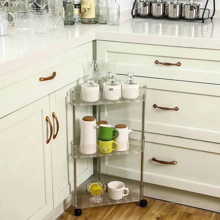 ACRYLIC CORNER TROLLEY WITH WHEELS