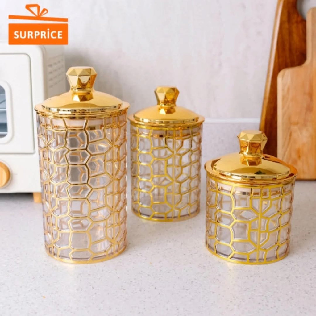 SET OF 3 TRANSPARENT SEALED JAR WITH GOLDEN LID