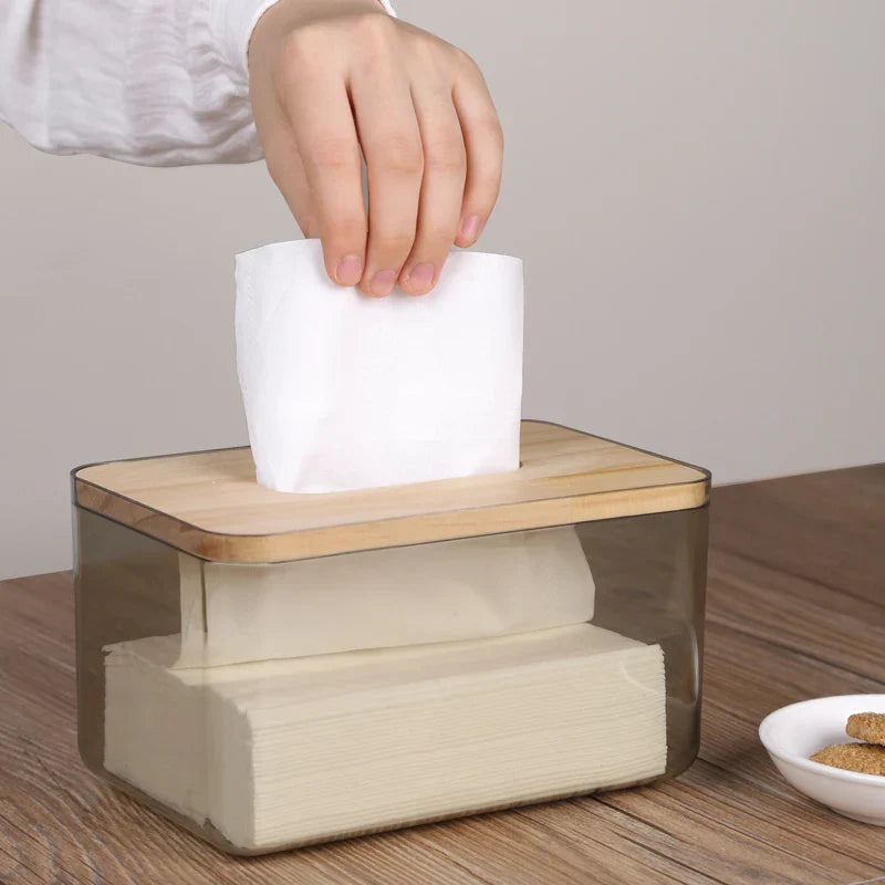 WOODEN COVER U-SHAPED WIDE MOUTH TISSUE BOX TRANSPARENT