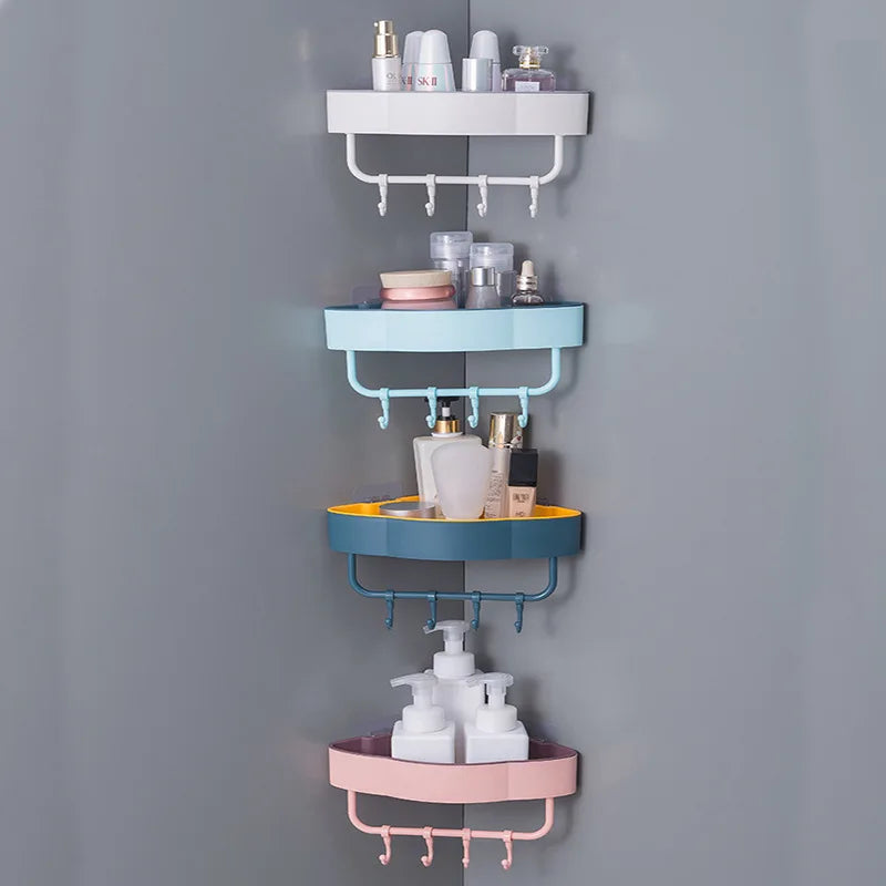 WALL-MOUNTED BATHROOM CORNER RACK WITH HOOKS