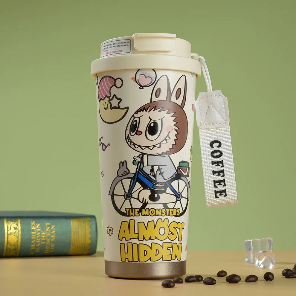 LABUBU CUTE CARTOON COFFEE THERMOS LEAKPROOF PORTABLE TRAVEL MUG WITH LID ✅