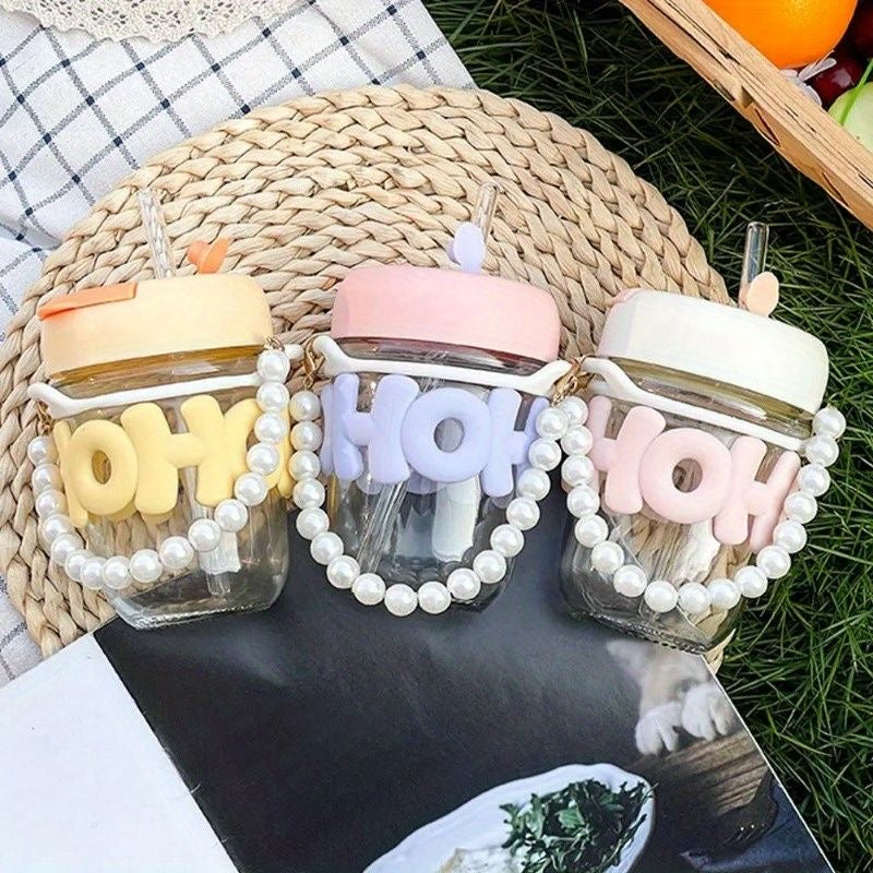 AESTHETIC GLASS CUP STRAW TUMBLER GLASS DRINKING BOTTLE