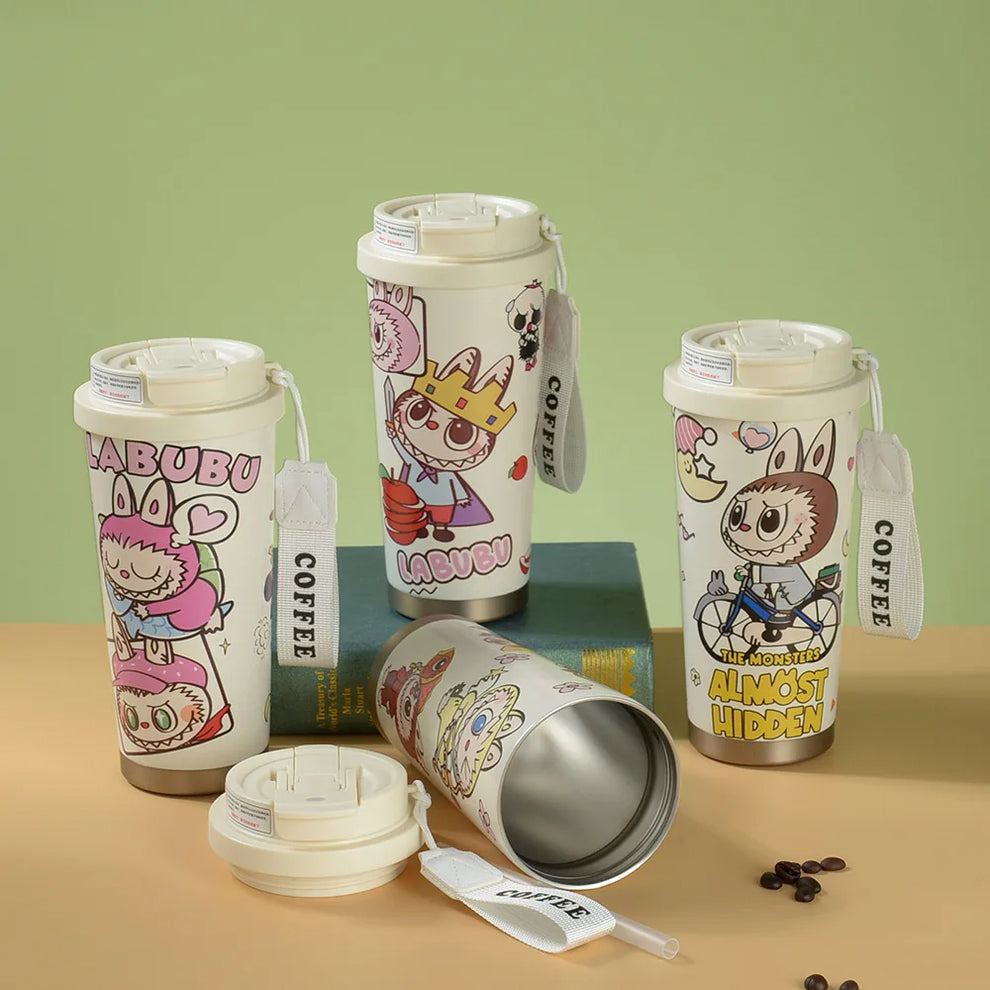LABUBU CUTE CARTOON COFFEE THERMOS LEAKPROOF PORTABLE TRAVEL MUG WITH LID ✅