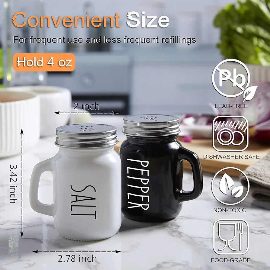 SALT AND PEPPER SHAKER SET, GLASS BLACK AND WHITE SHAKER SET