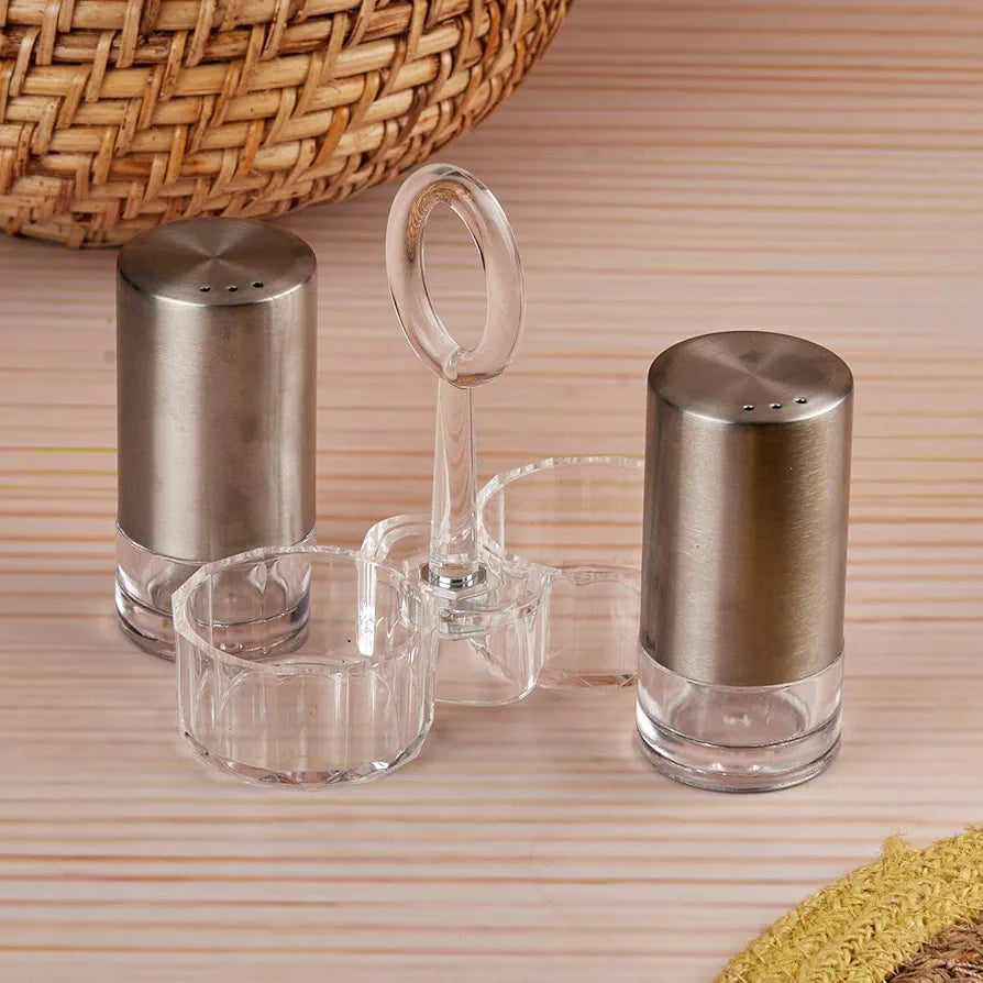 LUXURY STAINLESS STEEL SALT & PEPPER SHAKER SET WITH ACRYLIC HOLDER