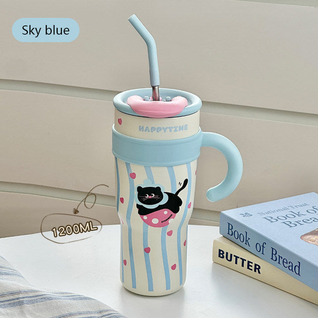 CUTE CARTOON ANIMAL TUMBLER WITH STRAW