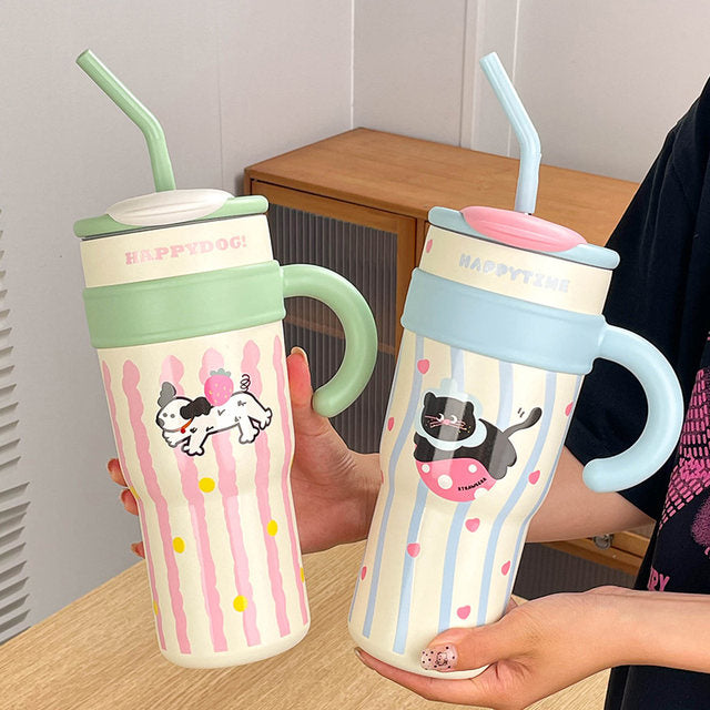 CUTE CARTOON ANIMAL TUMBLER WITH STRAW
