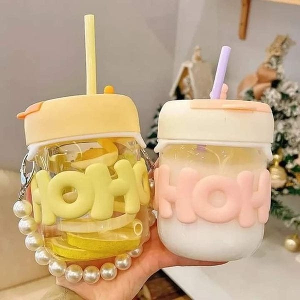 AESTHETIC GLASS CUP STRAW TUMBLER GLASS DRINKING BOTTLE