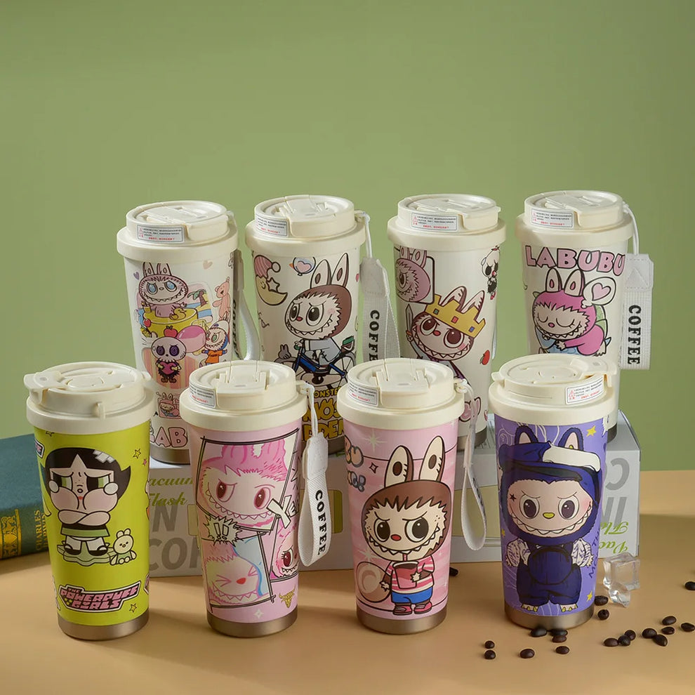 LABUBU CUTE CARTOON COFFEE THERMOS LEAKPROOF PORTABLE TRAVEL MUG WITH LID ✅