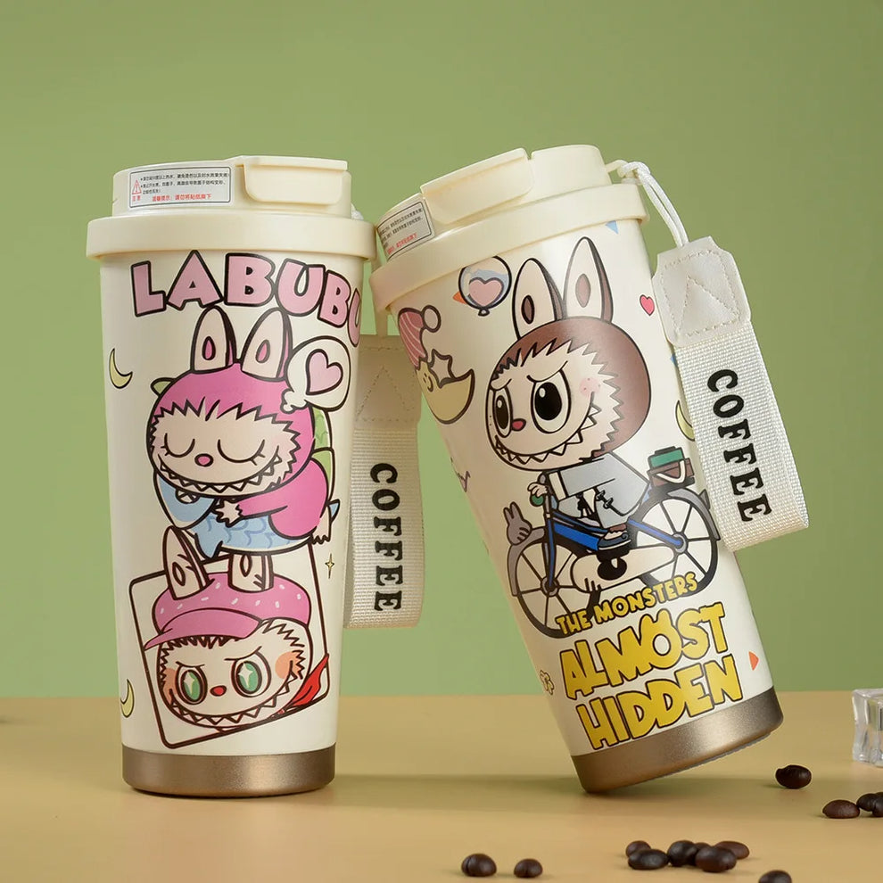 LABUBU CUTE CARTOON COFFEE THERMOS LEAKPROOF PORTABLE TRAVEL MUG WITH LID ✅