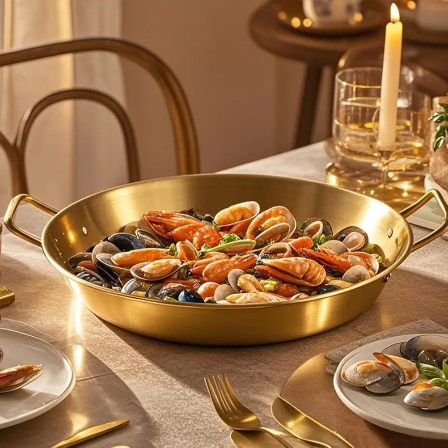 STAINLESS STEEL GOLDEN SERVING TRAY ROUND SPANISH SEAFOOD COOKING PAN