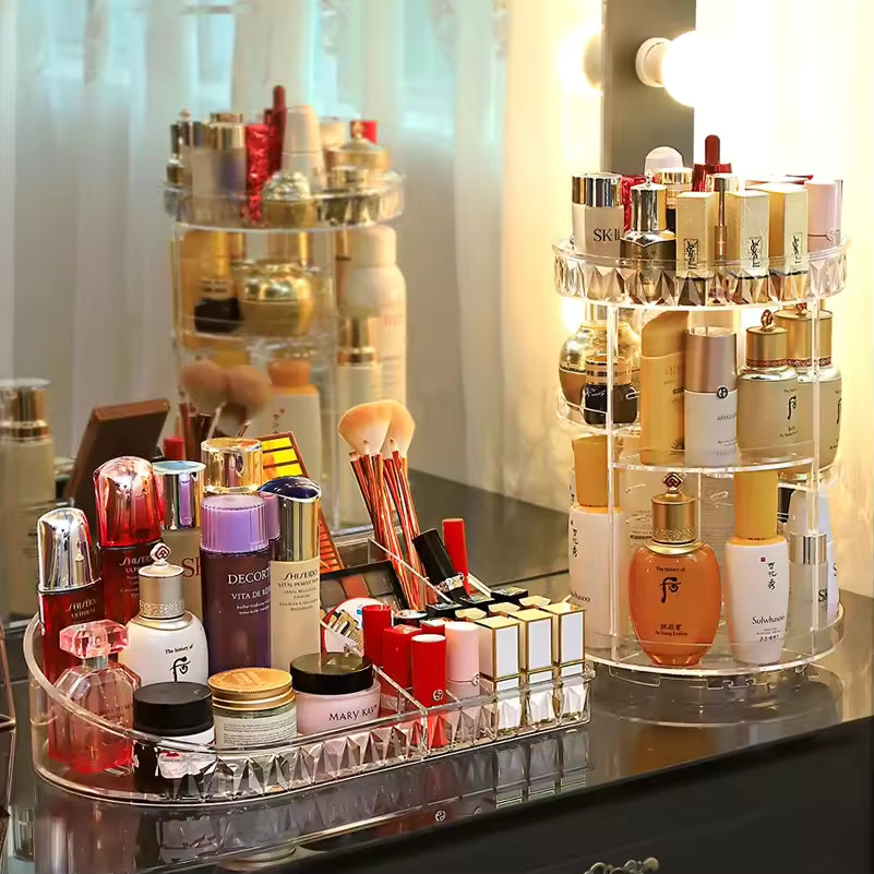 ROTATING MAKEUP ORGANIZER BOX – SPACE-SAVING COSMETIC HOLDER WITH CLEAR DESIGN