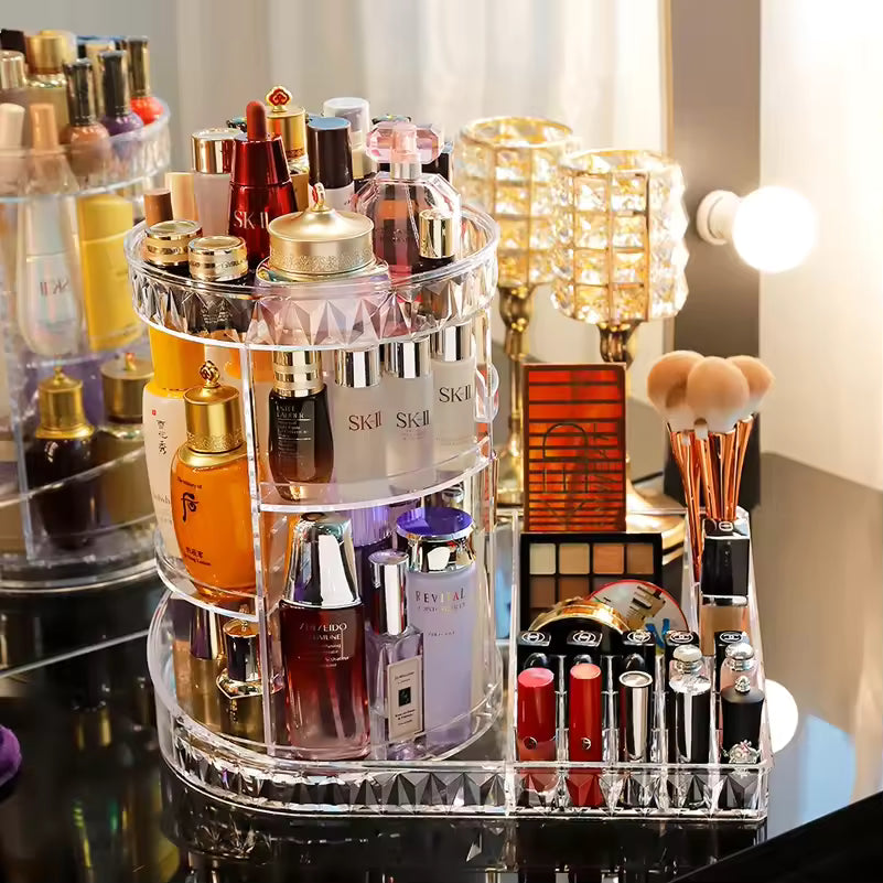 ROTATING MAKEUP ORGANIZER BOX – SPACE-SAVING COSMETIC HOLDER WITH CLEAR DESIGN