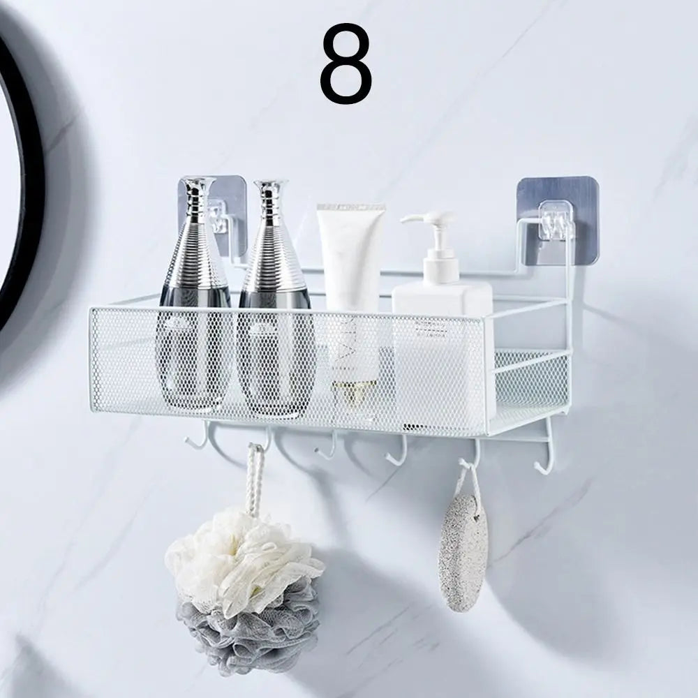 DECORATIVE WALL MOUNTED BATHROOM SHELF WITH HOOKS – BLACK MESH STYLE